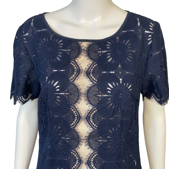 Trina Turk Navy Floral Lace Semi Sheer Short Sleeve Shift Dress Sz 8 - Picture 2 of 10